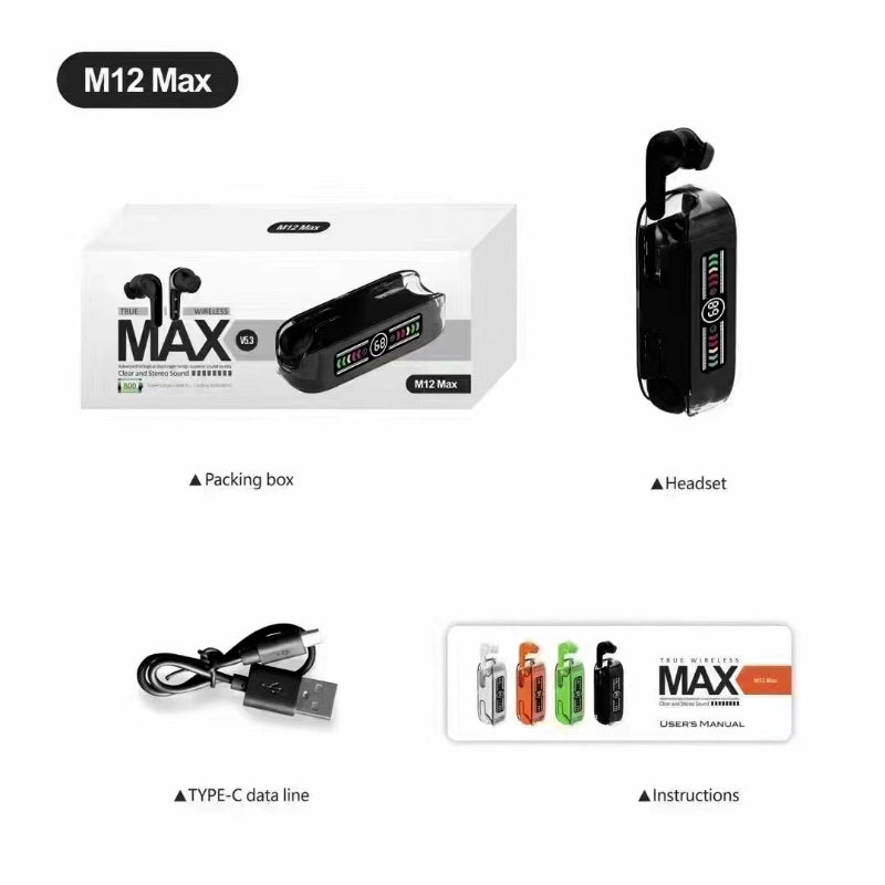 M12 Max TWS Earbuds With Super Large Battery Capacity Bluetooth V5.3 LED Display